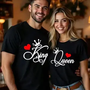 Valentine's Day Couple T-shirts - King and Queen design T-shirts, casual crew neck short sleeves, machine washable, the perfect choice for a romantic date.