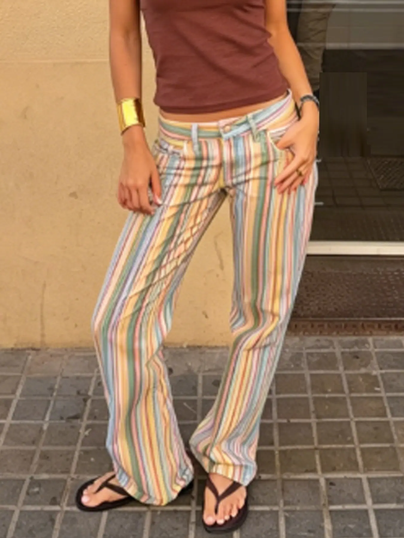 New Arrival Women's Rainbow Striped Jeans Pants Spring 2026 Ladies Fashion Straight Leg Mid Waisted denim Trousers office wear women high street Long Pants For Women