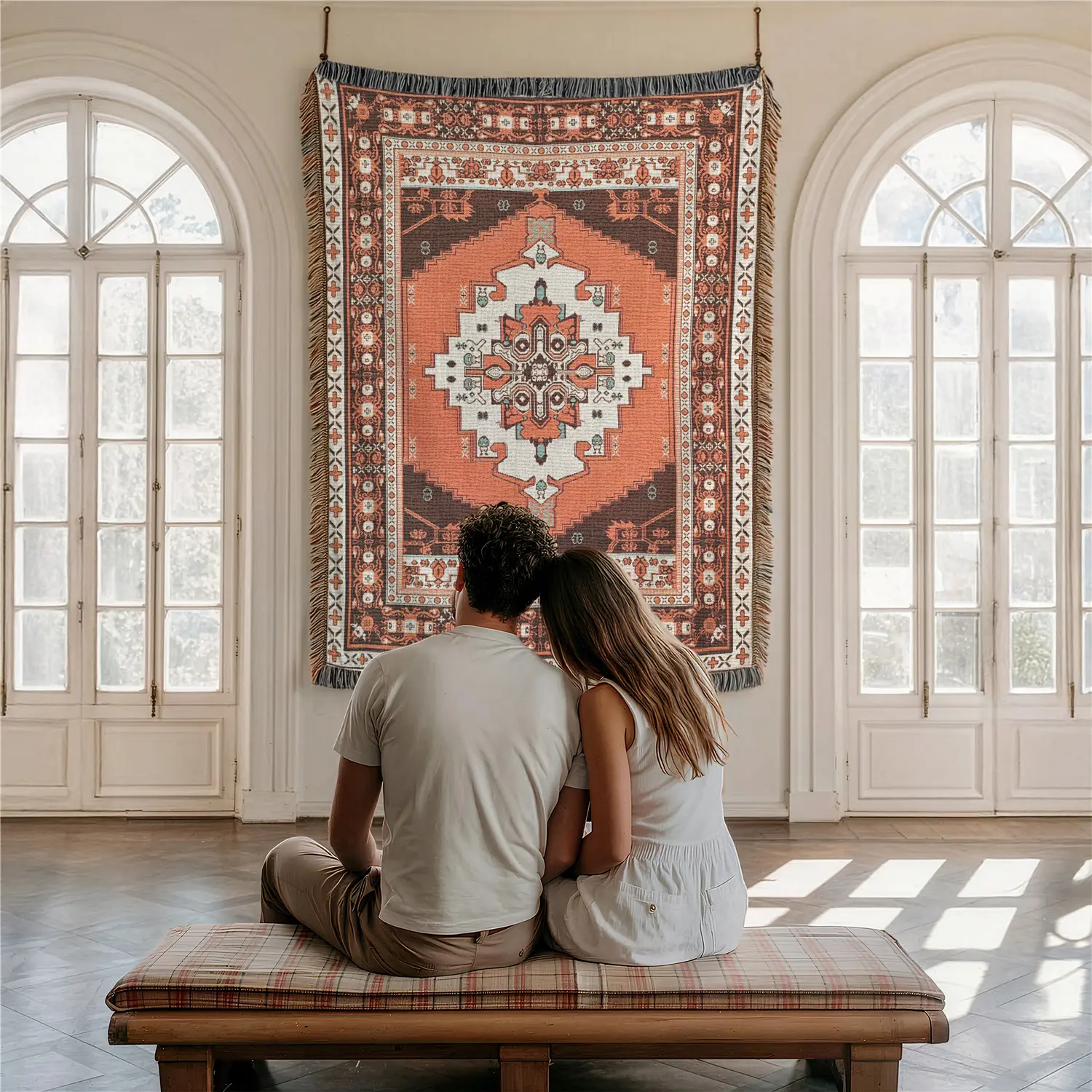 Orange Geometry Pattern Home Decor Yarn Woven Wall Art Tapestry for Bedroom Dorm Living Room- with Fringe Tassels Not Printed - Multipurpose Design Soft Boho H Chair Couch Bed Cover Throw Towel Slipcover Travel Garden Outdoor Camping Picnic Beach