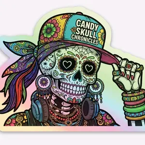 Candy Skull Chronicles Holographic Sticker - Colorful Skull Design with Floral Hat & Headphones Artwork Whimsy Creative Enthusiasts