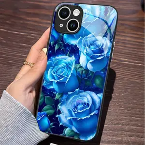 Blue Roses Mobile Phone Case for iPhone 16 Pro Max, Galaxy Blue Roses Luxury Sparkling iPhone Case ,Strong PC TPU Glass Hybrid Protective Cellphone Case for iPhone 16/15/14/13/12/11 Pro Max/Plus