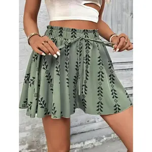 Women's All Over Print Knot Front Shorts, Casual Fashionable Shorts for Summer, Women's Bottoms for Daily Wear, Drawstring Beach Shorts