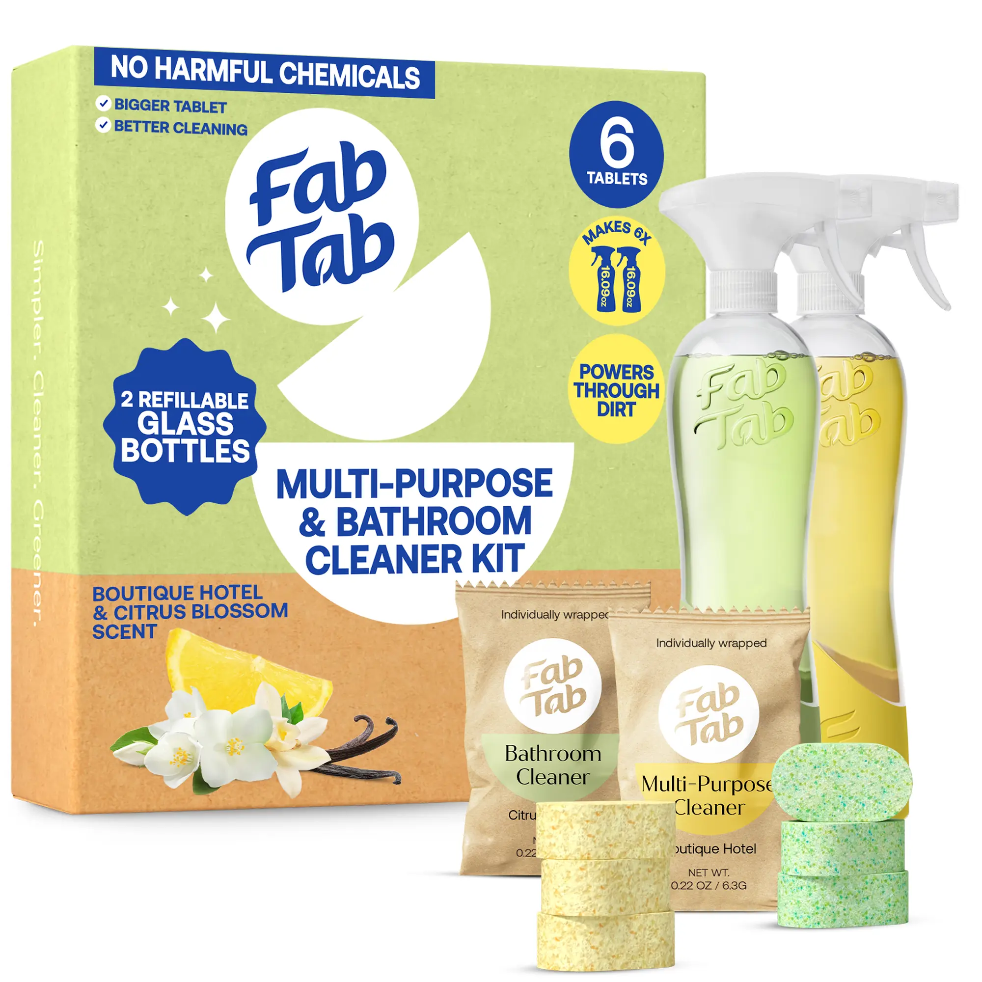FABTAB Multi-Purpose & Bathroom Cleaner Starter Kit - Natural Cleaning Products - Plant-Based - No Harsh Chemicals compostable box. High quality glass refillable bottles with silicone  sleeves keep your Household spotless