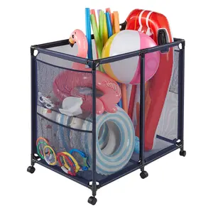 【Summervibes】VEVOR Pool Storage Bin, 36.8 x 24 x 35.6 in, Rolling Pool Float Storage Organizer with Side Pockets & Casters, Heavy Duty Metal Frame, Poolside Toys Noodles Holder Mesh Basket for Swimming Pools