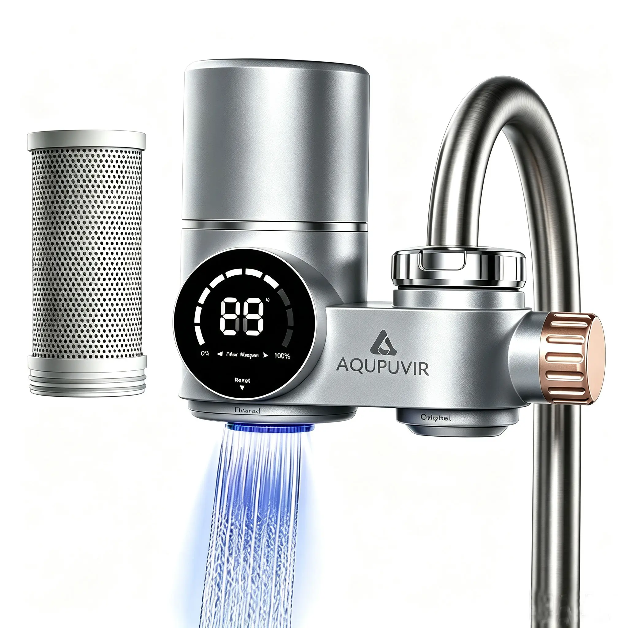 AQUPUVIR Kitchen Vertical Faucet Digital Water Purifier, reduces lead, chlorine, and impurities, easy to install, dual outlets with dual water modes, suitable for kitchen, bathroom sink, and home faucet applications, white/silver, Waterfilter, Activated C