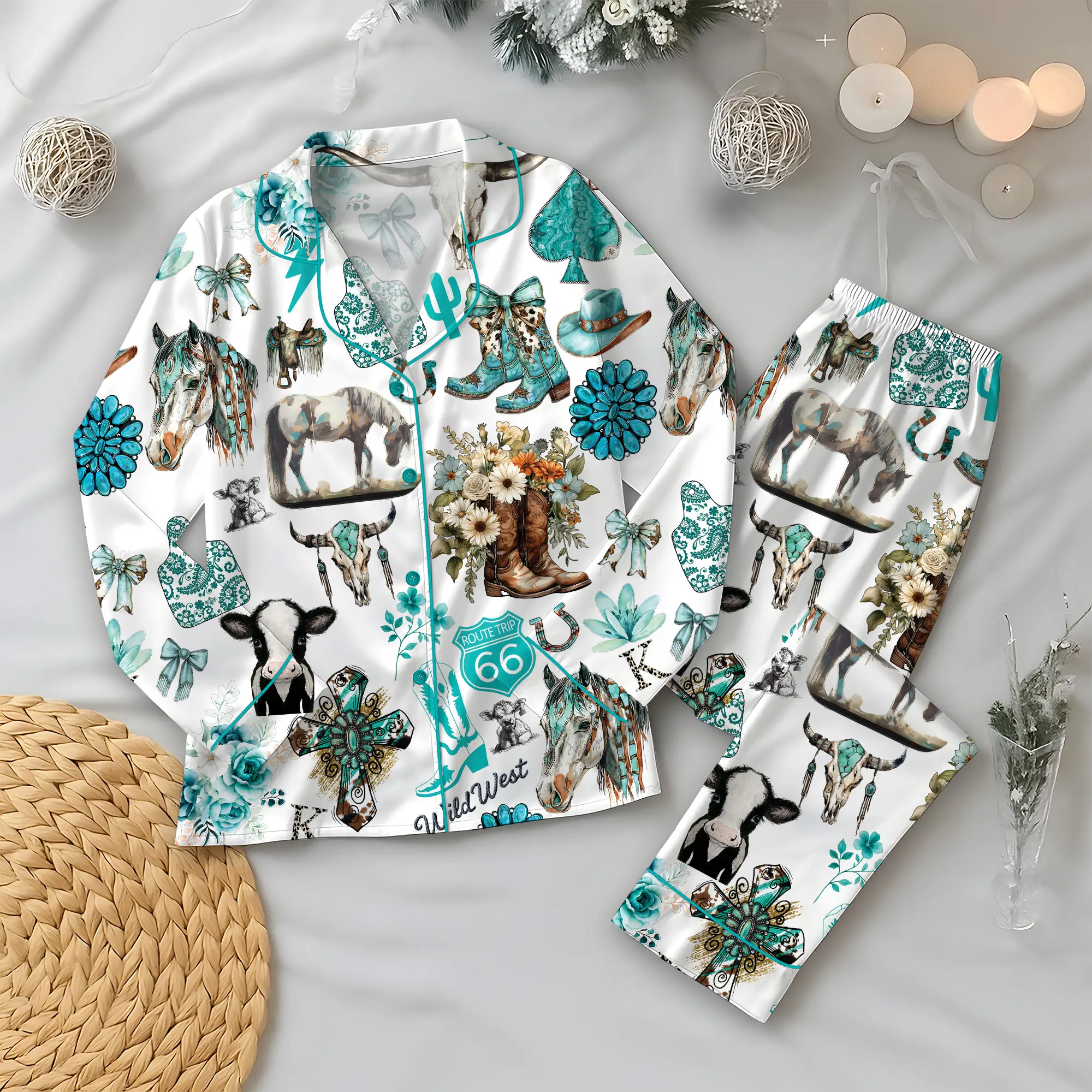 Western Cowgirl Pajama Set, Cowgirl Aesthetic Pajama Satin Set Turquoise Horses, Boots & Cactus Satin Pajamas