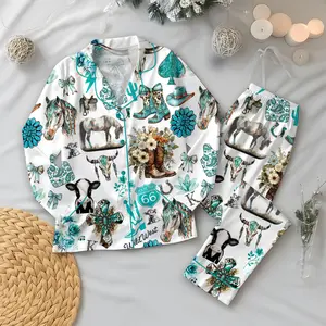 Western Cowgirl Pajama Set, Cowgirl Aesthetic Pajama Satin Set Turquoise Horses, Boots & Cactus Satin Pajamas