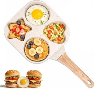 4-Hole Breakfast Pan, Nonstick Egg & Pancake Skillet for Sandwiches, Burgers & Easy Family Breakfast – Cute Kitchen Gadget with Wooden Handle Cookware