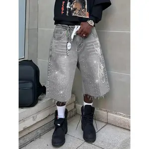 Retro distressed rhinestone embroidered casual denim jeans, one seventh jeans, letter embroidery, American street style, streetwear, suitable for all seasonsRAIMENTRY