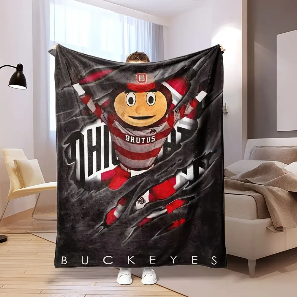 Ohio State University Potato Team Mascot Fleece Bed Blanket - Bold Colors, Soft Polyester Fleece Fabric, Sports-Inspired Blankets for Home/Outdoor Use, Black with Red Accents, Ohio State Fans