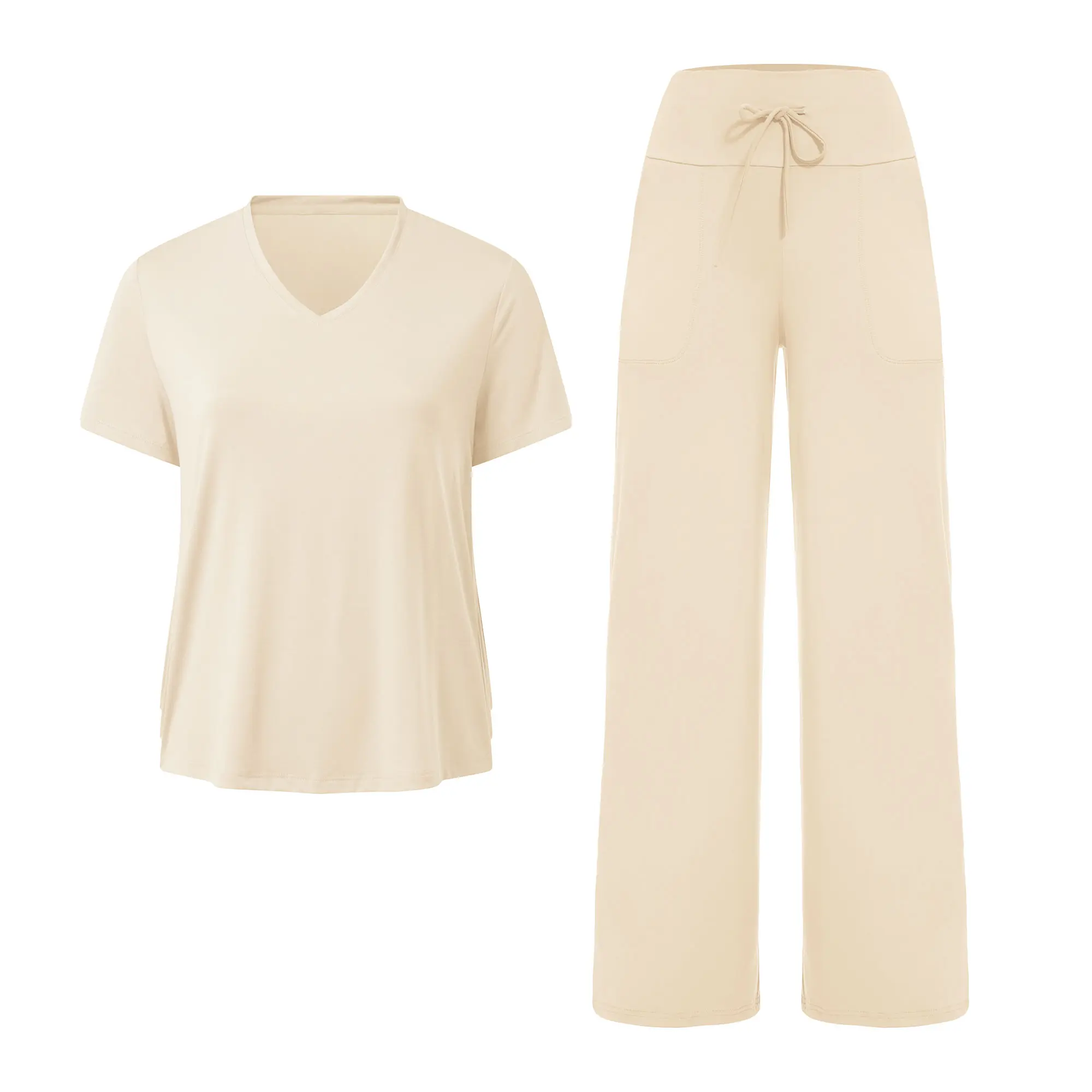 SHOWITTY Soft Women's Lounge Set, V-Neck Short Sleeve Top & Wide Leg Pants with Pockets, Perfect for Vacation or Fall Nights