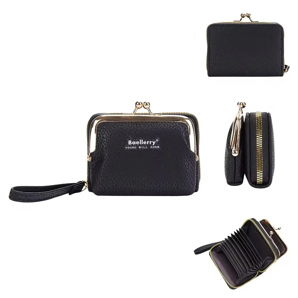 BAELLERRY Women's Waterproof Plain PU Leather Short Compact Wristlet - Card Bag, Credit Card Wallet, Durable Fashion Wallet, Kisslock Compartment, Mini Coin Purse, Zipper Pocket, Travel Accessory