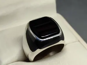 Natural Black Agate Sterling Silver 925 Handmade Aqeeq Men's Square Shape Plain Ring - Fashion Accessory