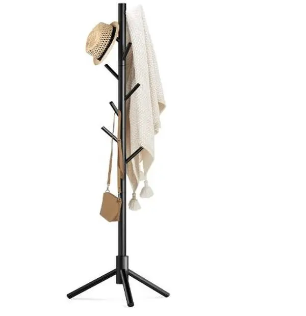 Self-Standing Wooden Coat Rack Stand - New Zealand Pine Construction, 8 Hooks, 3-Adjustable Tree Design, Easy Assembly for Coats, Hats, Scarves, Handbags - Ideal for Entryway, Hallway, Self-Standing Coat Racks