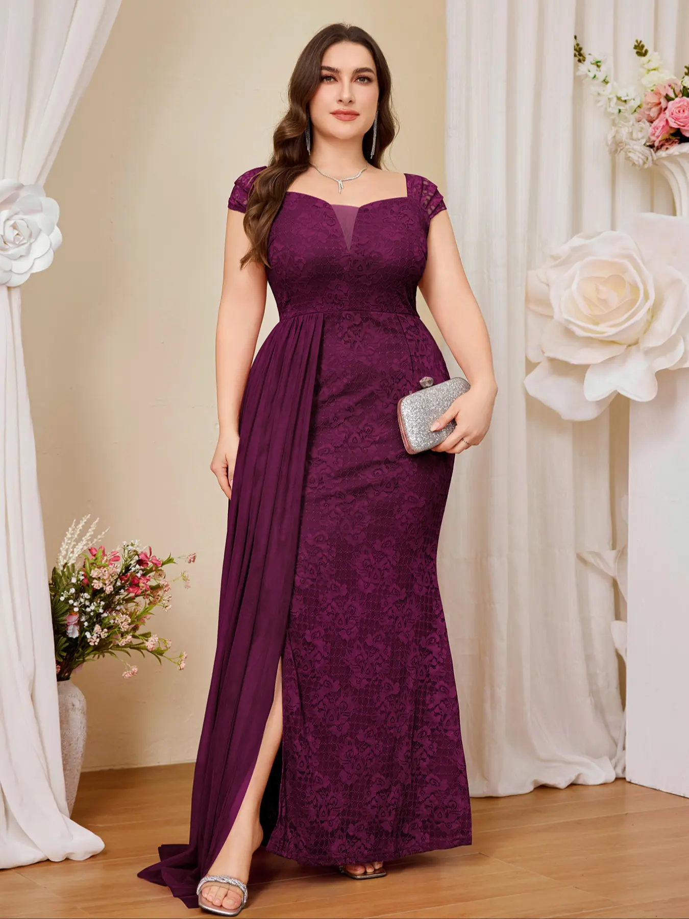 MISSMAY P54417A Plus Women's Elegant Style Deep V-Neck Floral Lace Contrast Mesh Draped Ruched Side Split Thigh Formal Wear Party Long Dress, Homecoming Dress, Wedding Guest Dress, Prom Evening Gown, For Graduation, Dinner, Valentine Day, Ball, Garment
