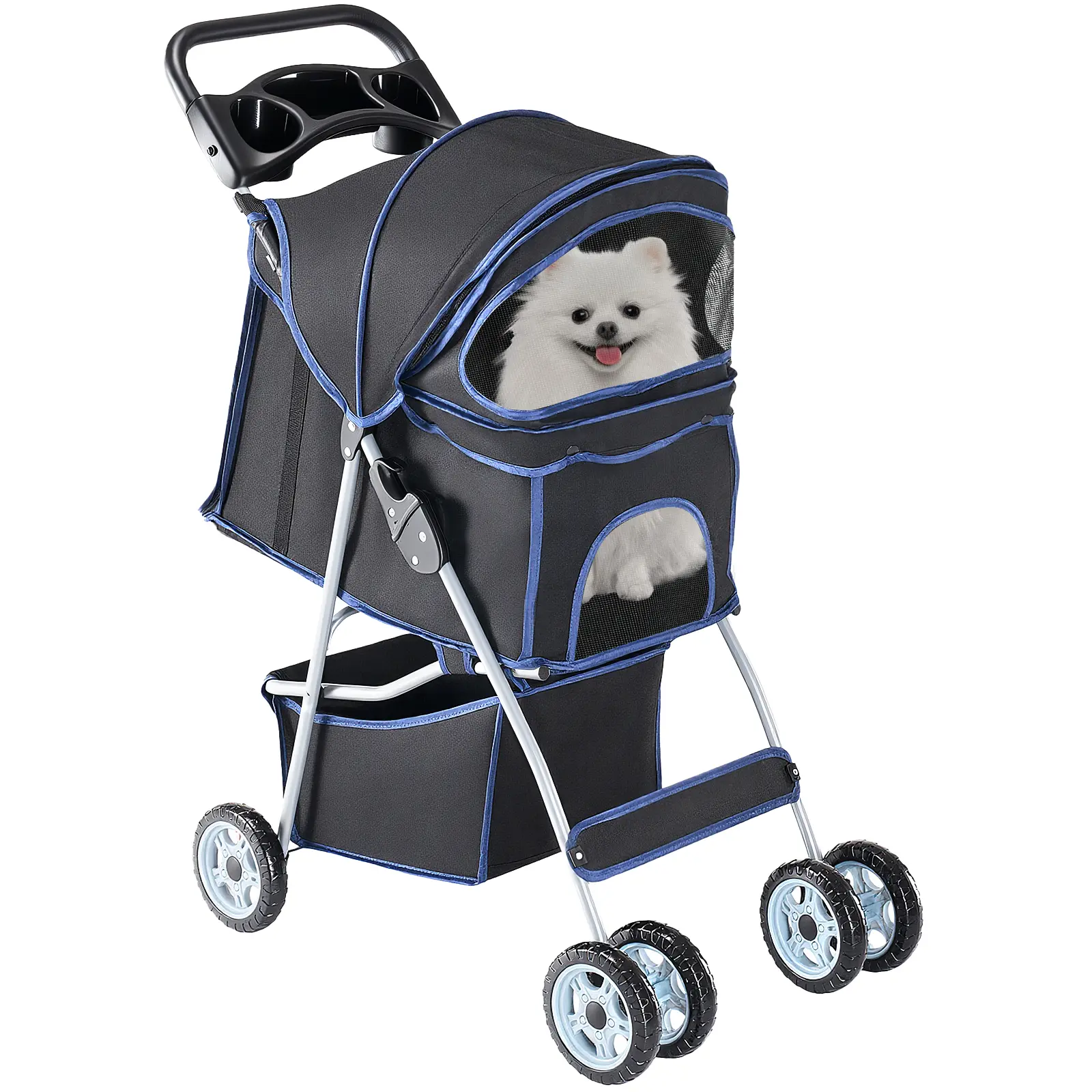 Puppy & Small-to-Medium Dog Cat Stroller, Foldable, Lightweight, Durable, with Storage Basket and Cup Holders, Puppy Stroller
