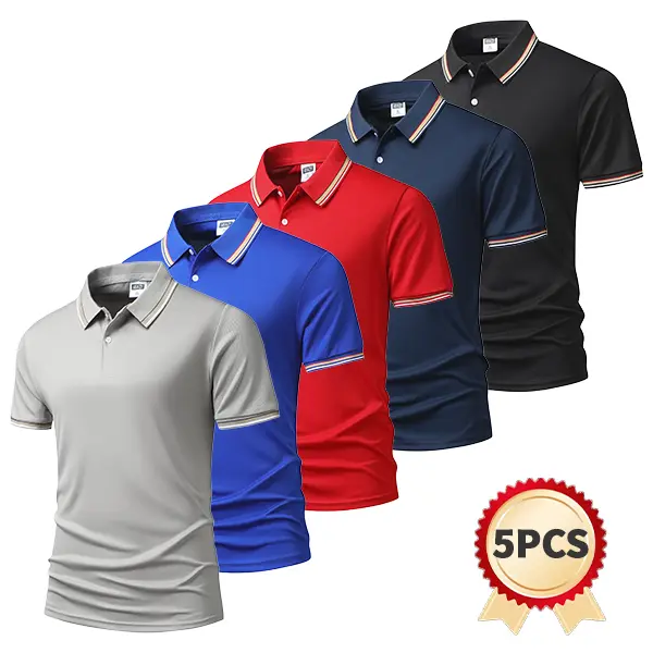 Men's 5-Pack Breathable Mesh Polos, Regular Fit Shortsleeve with Striped Ribbed Collar, for Golf & Office, Plain Menswear, Multi-Size, Single Button
