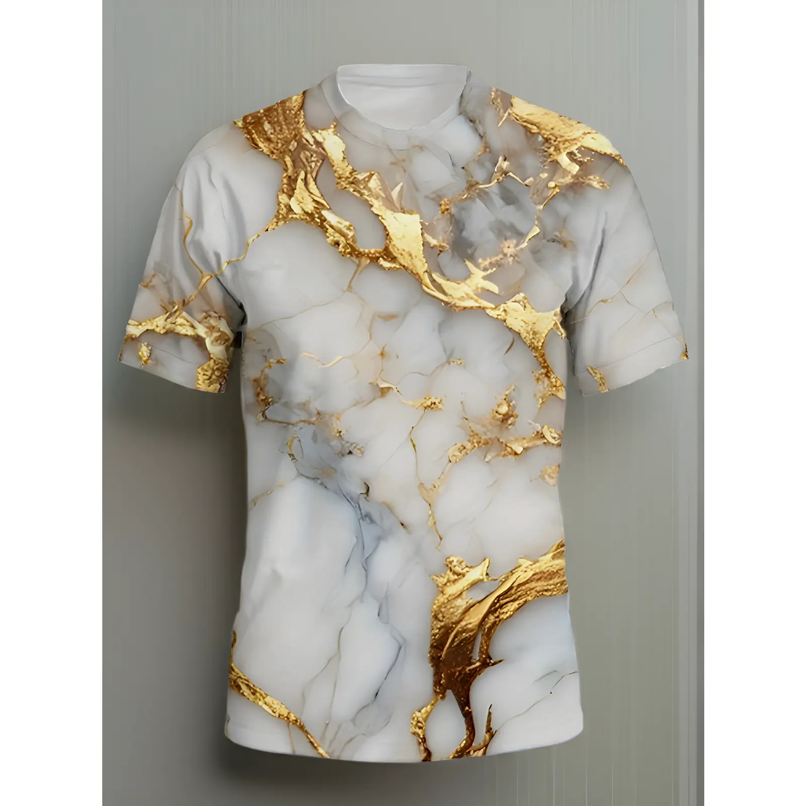 Marble Golden Leaf Men'S 3D Print T-Shirt, Eye-Catching Round Neck Short Sleeves, Perfect for Summer Outings And Casual Wear, Featuring Artistic Patterns, Ideal As a Holiday Gift, Plus Size