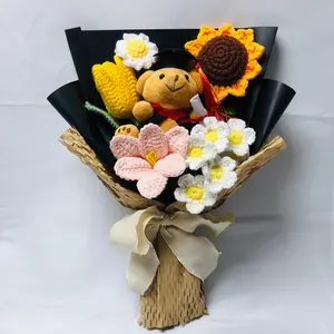 Handmade Crochet Sunflower Bear Daisy Bouquet, Artificial Flower Bouquet, Cute Bear Graduation Gift, Party Gift for Friends, Home Decor, Party Decoration, Fruit