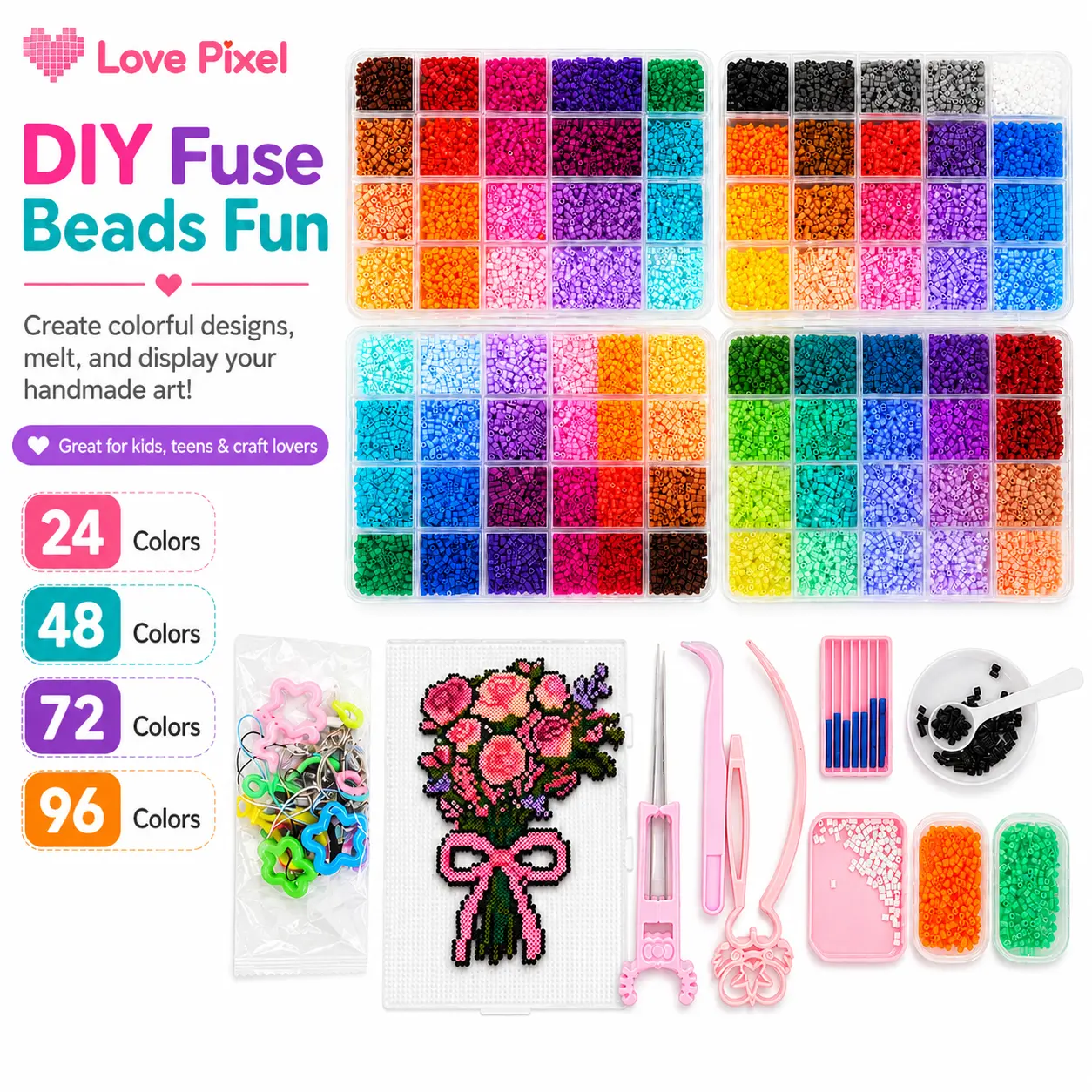 Love Pixel 2.6mm Plastic Beads Fuse Set (24/48/72/96 Colors) - Creative Fun 3D Pixel Puzzle DIY Craft Kit with Nail Board, Ironing Paper, Tweezers, Beading Accessories, Grandma Gift Ideas for Costume Jewelry, Keychains, Customized Gifts