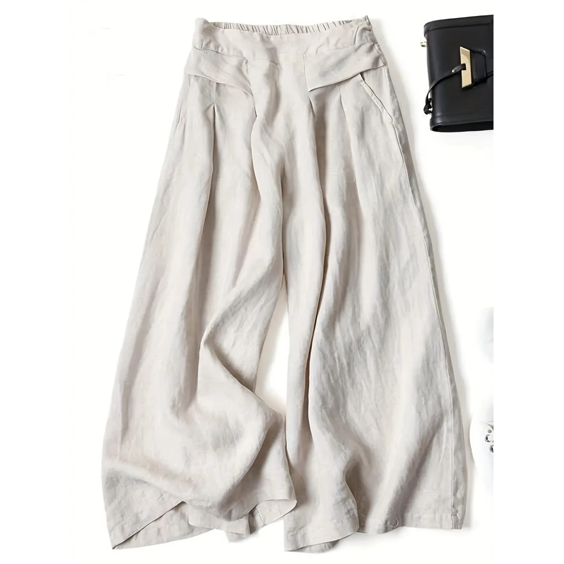 Linen wide-leg cropped pants, breathable thin loose linen culottes, ethnic style vintage trousers
