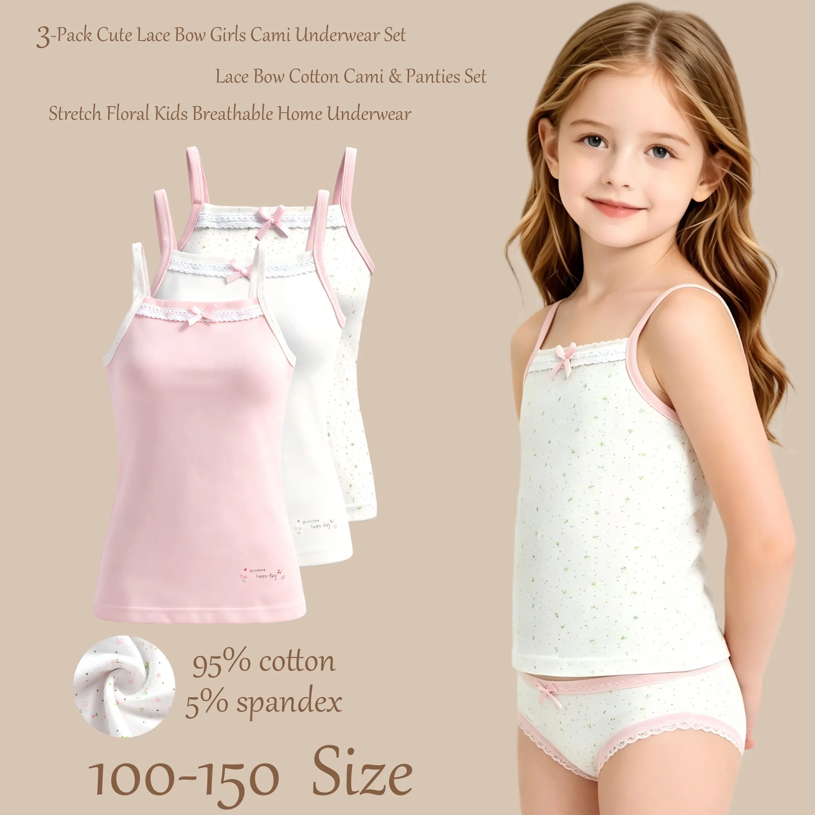 Girls 3 Pack 95% Cotton Matching Cami & Panties Set, Lace Bow Ditsy Floral Spandex Kids Sleep Loungewear Set Size 100-150 Elastic Waist Cami Youth Underwear