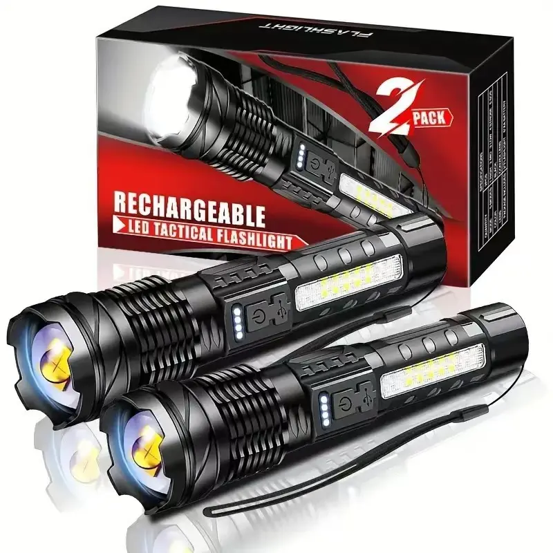 Rechargeable Battery-Powered LED Flashlight - 7 Modes, IPX6 Waterproof, Robust Handheld Charging Torch with COB LED Lights, Fast Charging, Adjustable Telescoping Design, Ideal for Emergency, Hiking