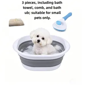 Portable Pet Bath Tub Set with Towel & De-Shedding Comb, Grooming Supplies, Foldable Bathtub for Cats Dogs Up to 4.5 Lbs, Space-Saving for Home Travel Camping Car Cleaning