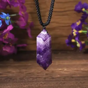 Natural Raw Amethyst Hexagon Shape Pendant Necklace Healing Protection Strength Healing Crystal Pendant Necklaces For Him Her Gift