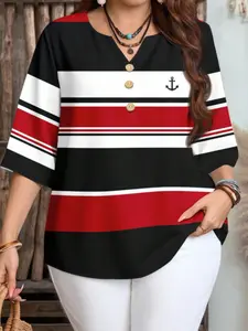 Plus Size Women's Loose Casual Simple Striped Shirt, Vacation Leisure Top for Spring Summer Fall Daily Wear, Comfortable Everyday Clothing