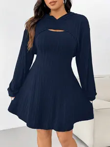 Plus Size Women's Casual Knitted Dress Set, Textured Short Dress for All Seasons, Street Style Fashion for Everyday Wear