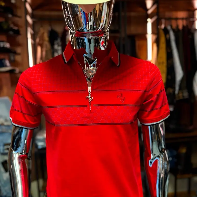 Rivelli Men's Short-Sleeve Knit Polo Shirt - Stylish Black & Gold Striped Print, Lightweight Breathable Polos for Casual Menswear (Red)