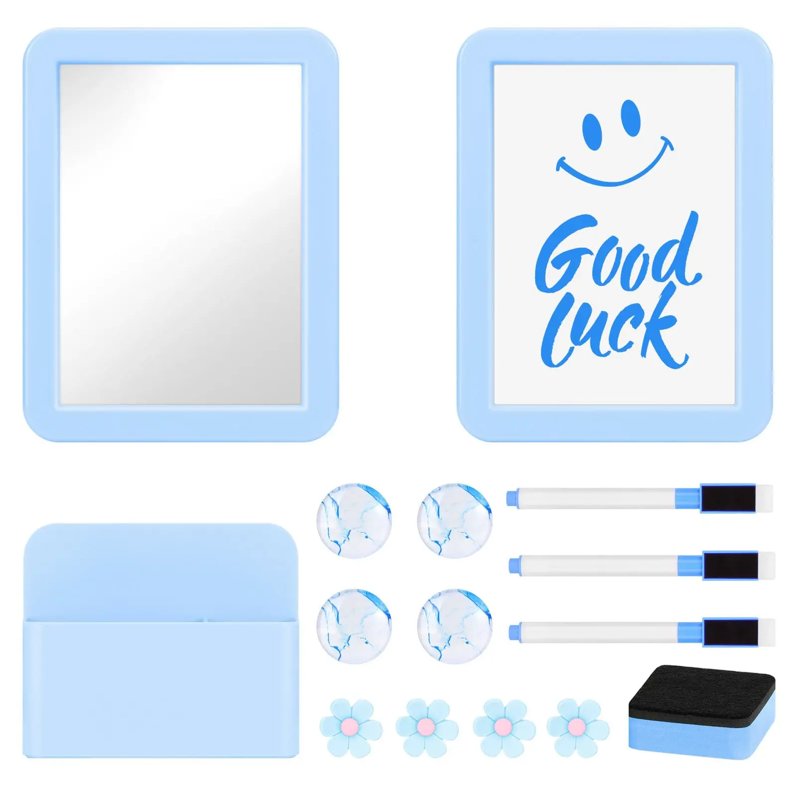 15PCS Blue Locker Accessories Set for Teachers & Colleagues - Flower-Themed Office Stationery Desk Organizer with Magnetic Mirror, Whiteboard, Markers, Pen Holder, Magnets, Easy Installation for School Decorating, School Lockers, Back-To-School