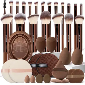 Professional 37-Piece Brown Makeup Tools Set, Complete Kit with Premium Synthetic Brushes, Large and Mini Beauty Sponges, Triangle puffs, Mini Makeup Puffs, Round Puffs, Makeup Remover Sponges, and Brush Cleaning Tool, Perfect for Gifting