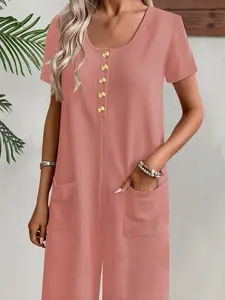 Elegant Women's Knitted Waffle Fabric Jumpsuit, Round Neck Button Front Pockets, Loose Fit Casual Spring Summer