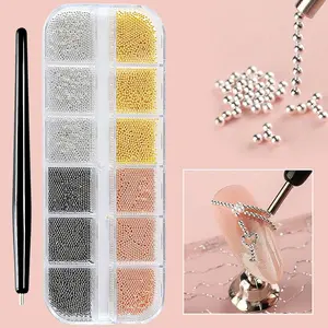 Nail Beads With Magnet Picker Tool 12Grids Gold Silver Caviar Beads Metal Nail Charms Gems, Rhinestone, Mixed-Sizes Steel Balls Nail Art Decoration Manicure DIY Supplies Crystal Decoration, Nail Art Set