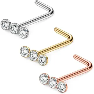 20G Surgical Steel Triple Linear  Ball Round  CZ Nose Stud Rings L Shaped Piercing  3 count
