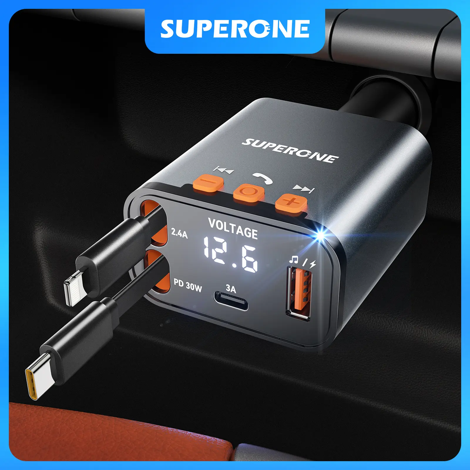 summervibes Bluetooth 5.3 Car Adapter - Retractable Multiport Charger with 30W PD, 12W USB Lightning, FM Transmitter Radio Receiver, Hands-Free Calling, Music Player, LED Display, 12-24V Lighter Plug (Holiday Gift), Bluetooth Car Adapter summerwins