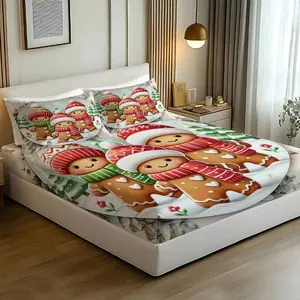 3Pcs Cheerful Gingerbread Men Fitted Sheet Set, Festive Winter & Christmas Decor, Soft and Cozy Bedding for a Joyful Bedroom Experience, Perfect for Holiday Celebrations