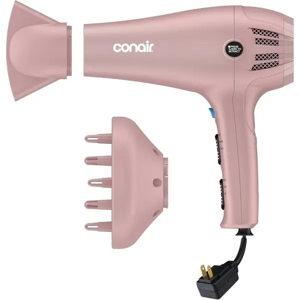 Conair Ionic Tourmaline Hair Dryer, 1875W Matte Blush Pink, with Diffuser, Concentrator, 3 Heat Settings, 2 Speed Options for Smooth Styling of All Hair Types