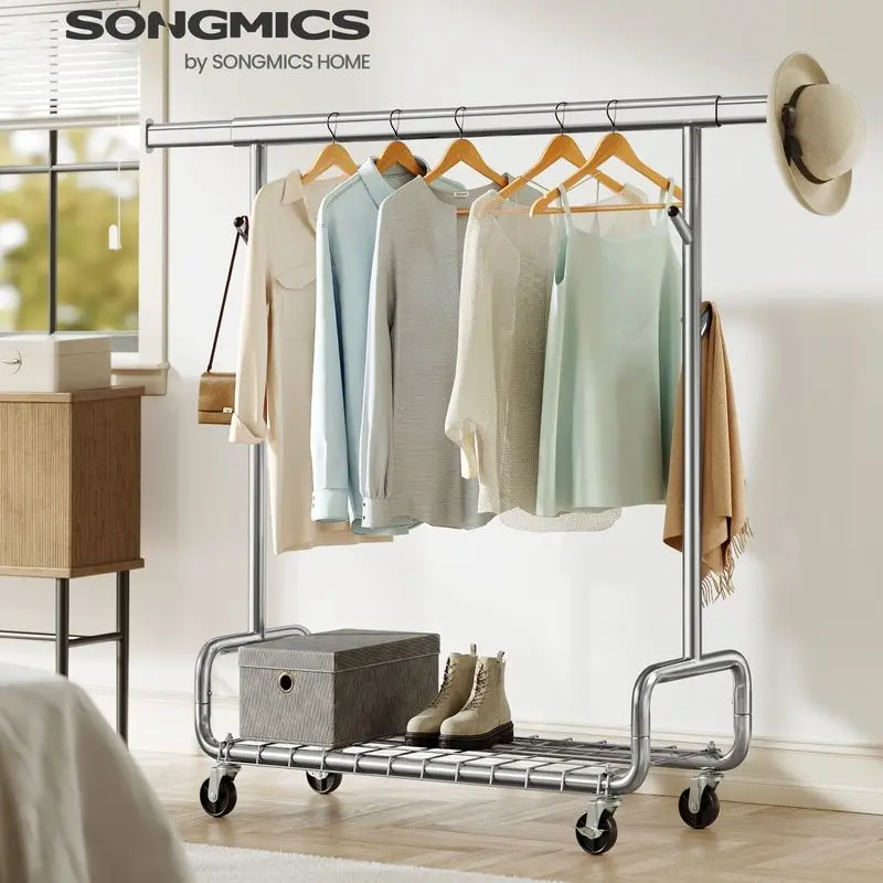 SONGMICS Heavy-Duty Rolling Clothes Rack with Transport Wheels, Extendable Hangable Hanging Rod, Adjustable Height, Shelves, Hooks, Portable Laundry Drying Rack Home Supplies Accessories, Rolling Wheels
