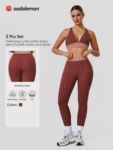 Women's Polka Dot Colorblock Fitness Set, Workout Sets, Workout Sportswear, Sports Clothing Set, V Neck Cross Back Sports Bra, Elastic Waist, No Front Seam, Butt Lifting, High Waisted Yoga Pants, Two Piece, Sport Activewear, Sporty High Stretch