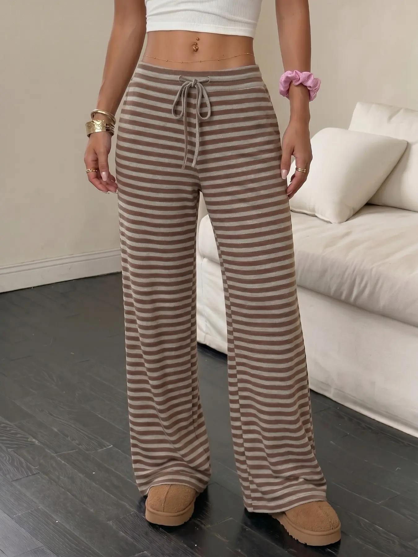 Comfy Striped Knit Adjustable Drawstring Airy High Waisted Wide Leg Lounge Pants, High Waistband Pants, Brown Beige Casual Loose Fit Elastic Waist Trousers, for Daily Loungewear, Soft Stretchy Fabric, Casual Bottoms