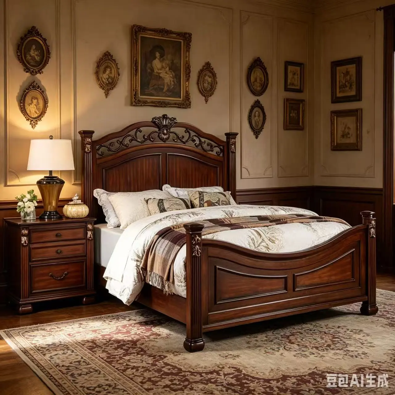 Bellemave Dark Cherry Plywood California King Bed Frame - 1pc Traditional Early American Design with Headboard, Footboard, Carved Posts, Molding Crafted Details, Assembly Required (Nightstand Not Included), Early American Bed Frames