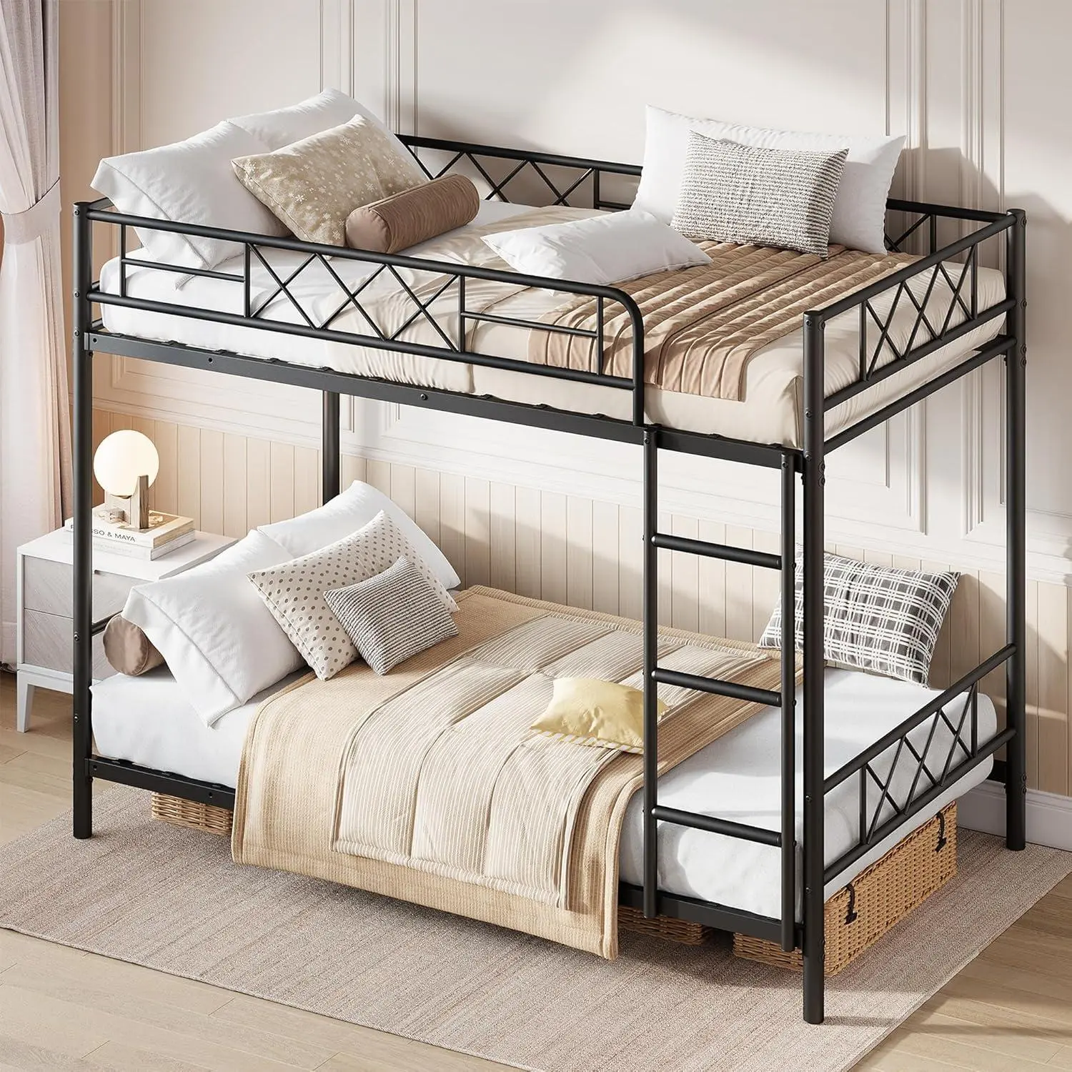 Heavy Duty Twin Over Twin Bunk Bed for Adults & Teens – Metal Frame with Stairs, Full-Length Guardrail, Metal Slats, Space-Saving Design, No Box Spring Required, Matte Black Finish