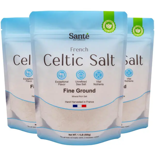 SALE 2026!!! Sante Naturelle Celtic Salt Organic Fine Ground - 1.1lb (18oz) Pack of 3, Unrefined Organic French Sea Salt, Rich in 82+ Minerals Salt, 100% Natural & Hand Harvested Sal Celtica