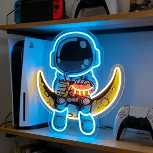 Astronaut Moon Neon Sign, USB Powered Dimmable LED Neon Light, Gaming Room Space Bedroom Decor, Christmas Halloween Birthday Gift for Gamers & Space Lovers
