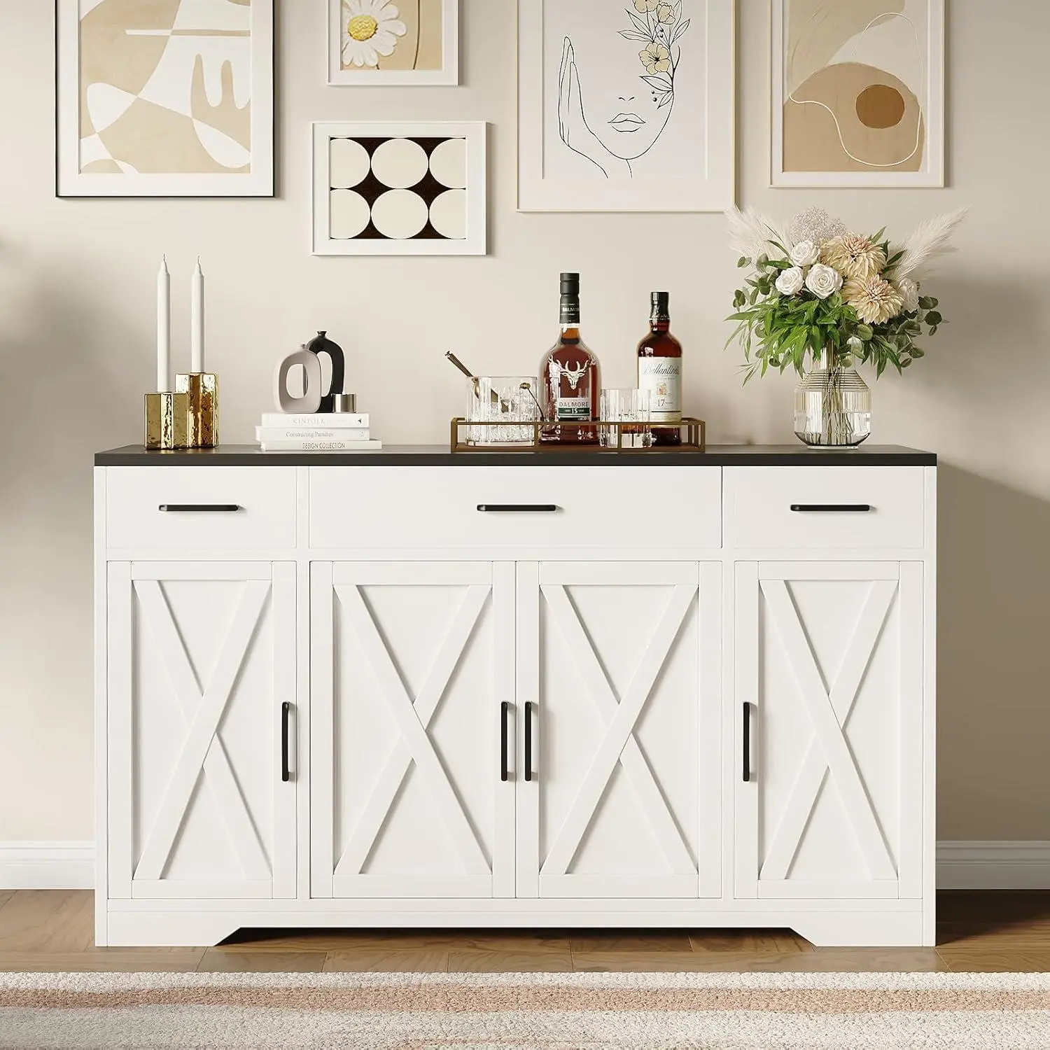 [GAOMON]55 Inch Farmhouse Sideboard Buffet Cabinet with Storage & 3 Drawers & Barn Doors Large Modern Wood Coffee Bar Buffet Table, Dining Room Storage Cabinet for Dining Room, Kitchen, Living Room-White and Black