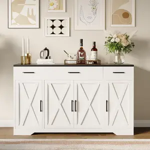 55 Inch Farmhouse Sideboard Buffet Cabinet with Storage & 3 Drawers & Barn Doors Large Modern Wood Coffee Bar Buffet Table, Dining Room Storage Cabinet for Dining Room, Kitchen, Living Room-White and Black