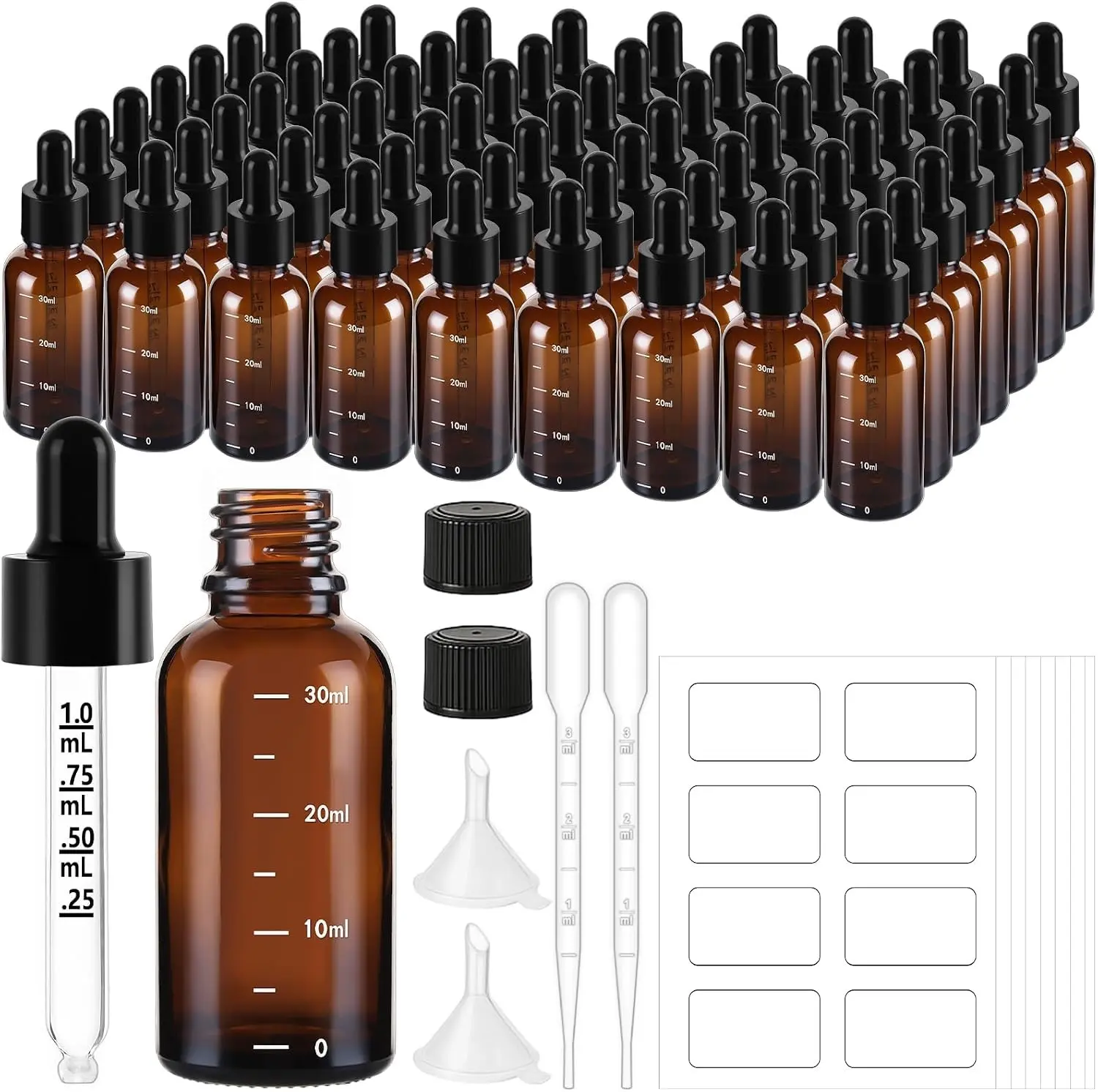 UPBUD 63 Pcs 1oz Amber Glass Dropper Bottles with Measurement, 30ml Leakproof Tincture Bottles with Funnels, Eye Droppers, Extra Caps & Labels, Refillable Empty Bottle for Tinctures, Essential Oils
